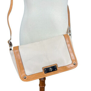 Cream and Camel Brown Two Toned Crossbody Purse Vintage Style Twist Lock Cognac